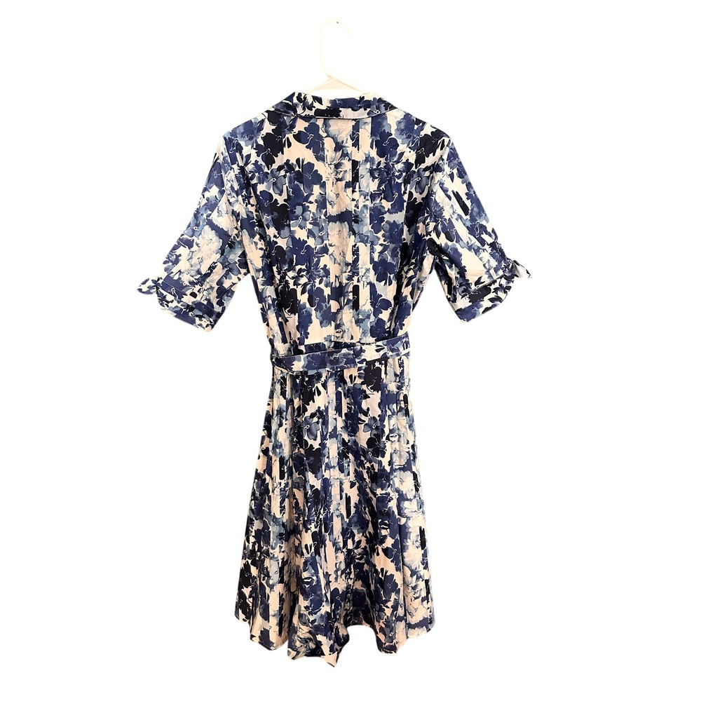 Calvin Klein Shirt Dress Womens 12 Blue Floral Cotton Tie Sleeve Belted Knee - Picture 4 of 6